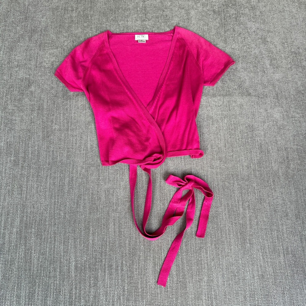 BCBG Max Azria Wrap Cardigan Womens Medium Pink Knit Short Sleeve Self-Tie Waist